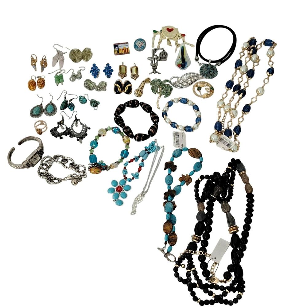 Vintage Modern Jewelry Box Lot of 34 Necklace Earring Bracelet Brooch Watch